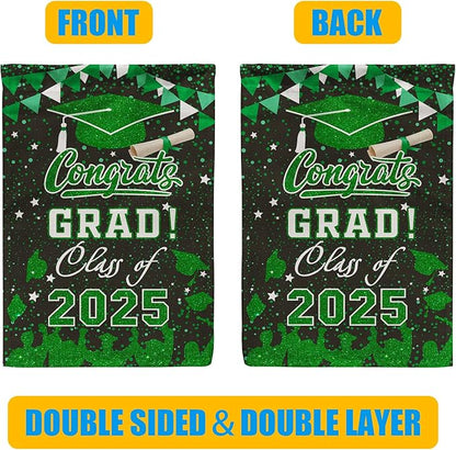 Graduation Garden Flag Class of 2025, Green Congrats Grade Flag for Outside Party Hanging Decorations 12x18 Inch Burlap