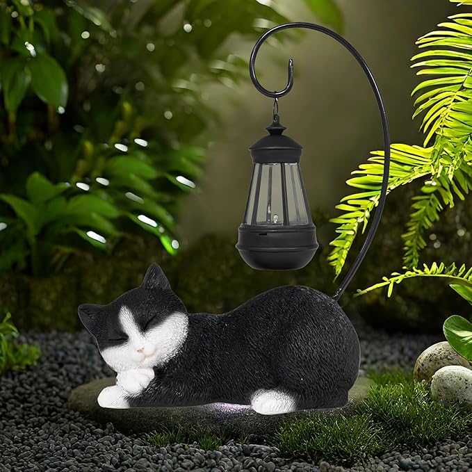 Solar Garden Statue with LED Lights - Cute Sleep Cat Sculpture, Waterproof Resin Ornament for Lawn, Patio, Yard, Balcony & Home Decor, Solar Powered Light for Outdoor and Indoor Spaces