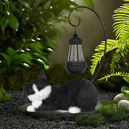 Solar Garden Statue with LED Lights - Cute Sleep Cat Sculpture, Waterproof Resin Ornament for Lawn, Patio, Yard, Balcony & Home Decor, Solar Powered Light for Outdoor and Indoor Spaces