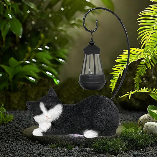 Solar Garden Statue with LED Lights - Cute Sleep Cat Sculpture, Waterproof Resin Ornament for Lawn, Patio, Yard, Balcony & Home Decor, Solar Powered Light for Outdoor and Indoor Spaces