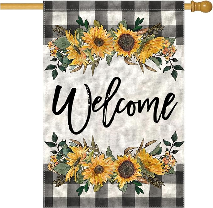 LARMOY Welcome Spring House Flag for Outdoor,28×40 Double Sided Black and White Buffalo Plaid with Sunflowers,Large Decorative Yard Flags for Summer All Seasons, Seasonal Farmhouse Outside Decor