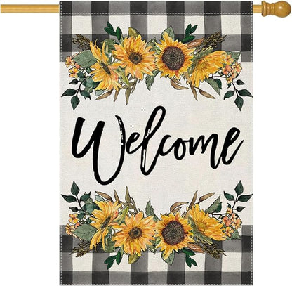 LARMOY Welcome Spring House Flag for Outdoor,28×40 Double Sided Black and White Buffalo Plaid with Sunflowers,Large Decorative Yard Flags for Summer All Seasons, Seasonal Farmhouse Outside Decor