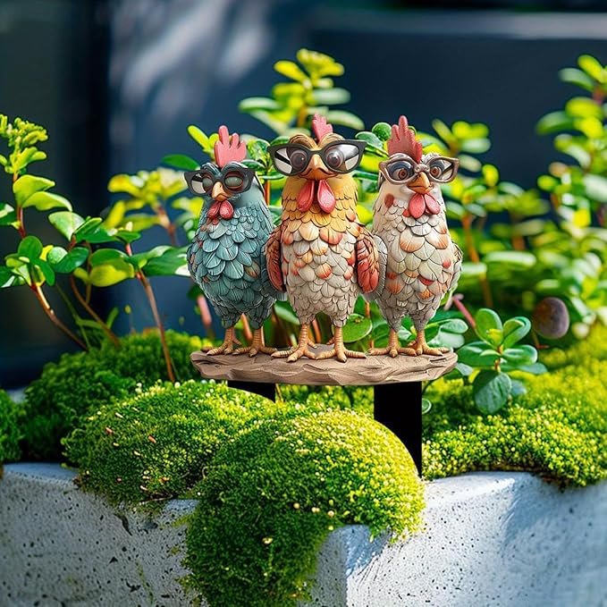 Garden Stake Decor, Acrylic 2D Flat Cute Animal Statue, Fairy Sculptures Ornament Indoor Outdoor Yard Lawn Pot Plant Decorative Accessories (Three Roosters Wearing Glasses)