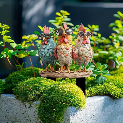 Garden Stake Decor, Acrylic 2D Flat Cute Animal Statue, Fairy Sculptures Ornament Indoor Outdoor Yard Lawn Pot Plant Decorative Accessories (Three Roosters Wearing Glasses)