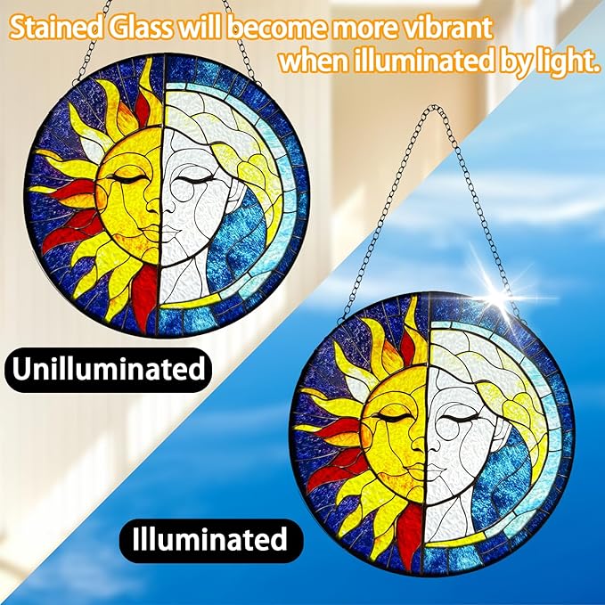 Sun Catchers Indoor Window Sun and Moon Stained Glass - Handmade Stained Glass Suncatchers Hanging with Hook and Chain - Outdoor Garden Decor Housewarming Gift for Christmas and Thanksgiving