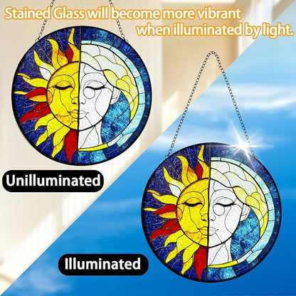 Sun Catchers Indoor Window Sun and Moon Stained Glass - Handmade Stained Glass Suncatchers Hanging with Hook and Chain - Outdoor Garden Decor Housewarming Gift for Christmas and Thanksgiving
