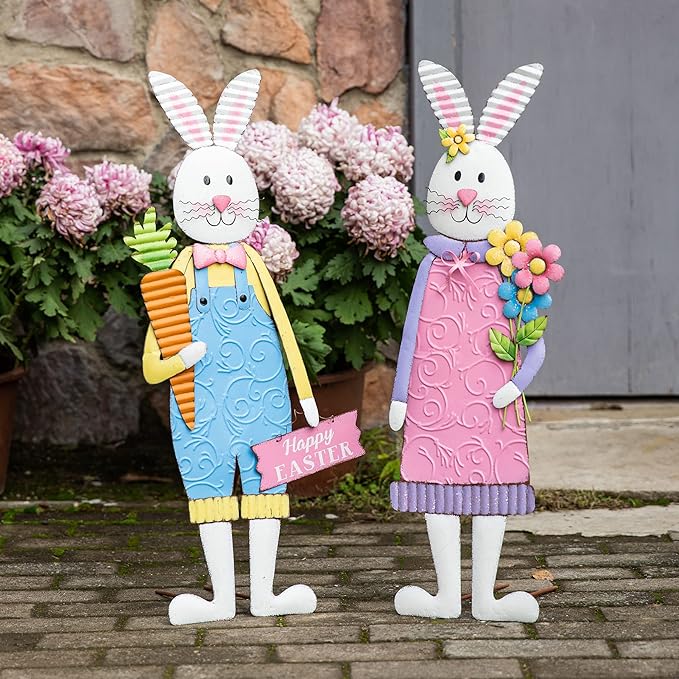 Glitzhome 36"H Easter Yard Signs, Set of 2 Metal Bunny Wall/Standing Decor, Blue & Pink, Hand Painted with Antique Treatment