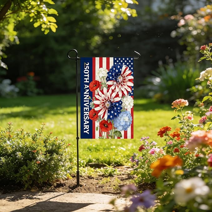 250th Anniversary Garden Flag 12x18 Inch Double Sided, 4th of July Garden Flag with Colorful Flower Design, Red White Blue USA Flags, Garden Decoration for Independence Day, Summer Yard Decor