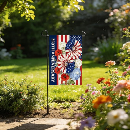250th Anniversary Garden Flag 12x18 Inch Double Sided, 4th of July Garden Flag with Colorful Flower Design, Red White Blue USA Flags, Garden Decoration for Independence Day, Summer Yard Decor