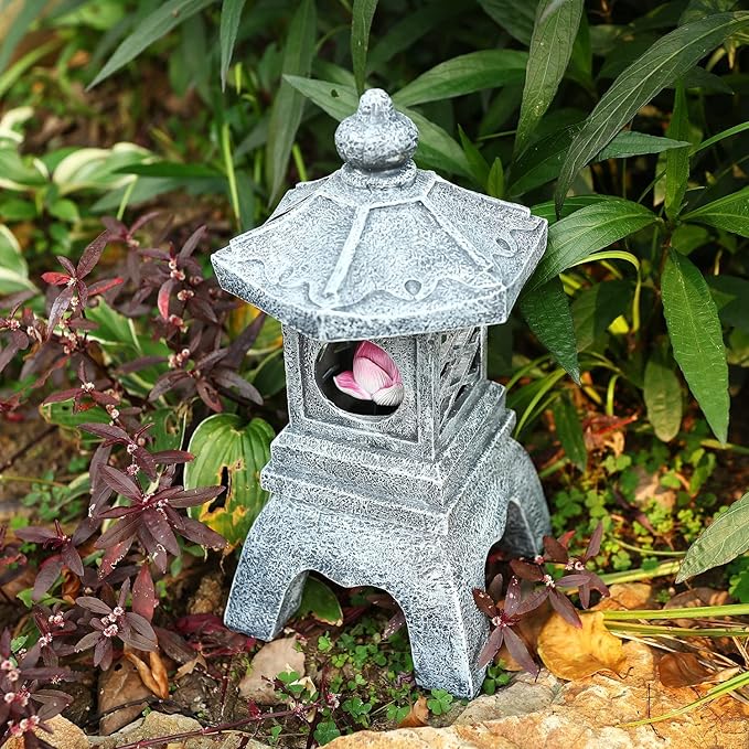 13 Inch Solar Pagoda Lantern Outdoor Statue, Pagoda Sculpture with Solar Lotus Light Asian Decor Zen Garden Art Japanese Temple Pagoda Lamp for Patio Yard Lawn Home Decorations Ornament Gift