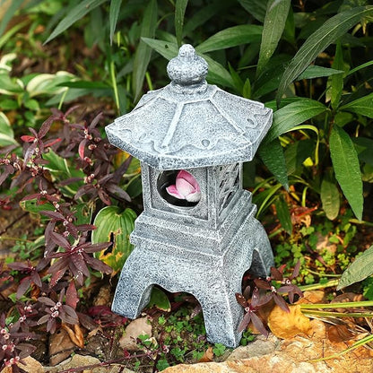 13 Inch Solar Pagoda Lantern Outdoor Statue, Pagoda Sculpture with Solar Lotus Light Asian Decor Zen Garden Art Japanese Temple Pagoda Lamp for Patio Yard Lawn Home Decorations Ornament Gift