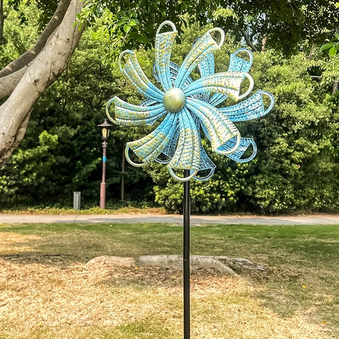 54” Metal Wind Spinner Outdoor Decor, Double Layer 360° Rotating Kinetic Sculpture, Rustproof Weather-Resistant Yard Art for Patio Lawn, Wind Spinners for Yard and Garden (Bronze)