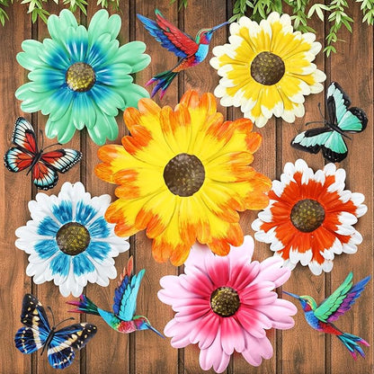 Colingmill 12 Pack Metal Flowers Butterfly Hummingbird Wall Art Decor 3D Metal Outdoor Wall Hanging Sculptures Decoration for Outdoor Garden Fence Yard Patio Indoor Living Room Balcony(Yellow)