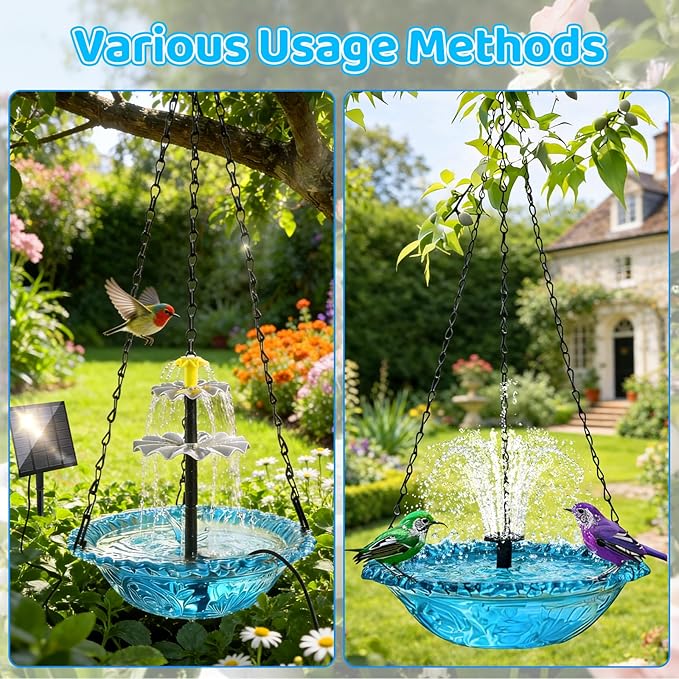 Hanging Solar Bird Bath Fountain, 3 Layers Outdoor Cascading Bird Bath with Solar Pump, 3 Nozzles & Blue Glass Bowl, Attracts Wild Birds for Garden, Backyard, Pergola