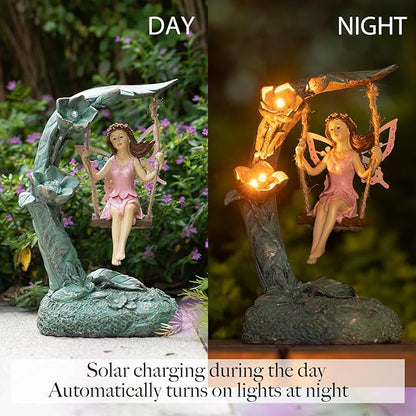 Suyorpe Garden Flower Fairy Outdoor Statue Decor Funny Swing Fairy Ornaments Figurines for Patio Lawn Yard Porch Outside Garden Gifts,9.05 Inches Tall ﻿ ﻿ ﻿