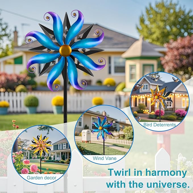 Wind Spinners Outdoor Garden Decor - 60" Sun Wind Sculptures & Spinners, Dual Sided Metal Yard Art Kinetic Windmill for Yard Patio Lawn Decor, Gardening Gifts for Women