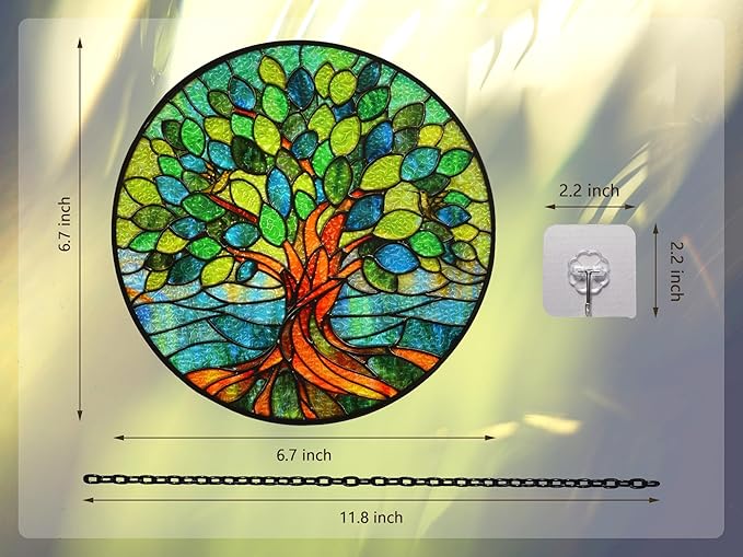 Stained Glass Window Hangings, Tree of Life with Hummingbird Suncatchers for Window, Treasured Gift for Mom, Grandma, Family and Friends (Green, 6.7x6.7 in)
