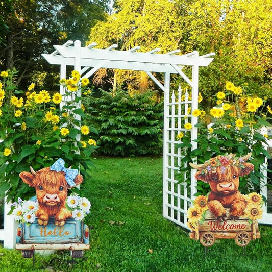 hogardeck Garden Decor for Outside, Set of 2 Metal Highland Cow Decorative Garden Stakes with Sunflower for Yard Decor, Welcome Sign Yard Art for Outdoor Lawn Porch Backyard Spring Decorations