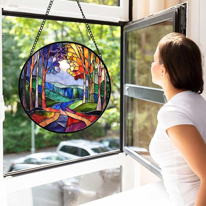 DASTOLL Stained Glass Window Hanging, Colorful Forest Landscape Tree Suncatcher for Doors Window Home Abstract Sun Catchers Decoration Mother's Day Birthday Gifts for Women, Men, and Mom 6.3 in