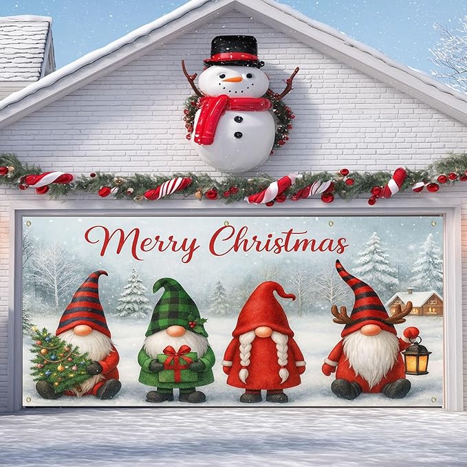 IVN Christmas Garage Door Cover Decoration 13x6ft Gnomes Snow Scene White Background Gift Tree Merry Christmas Garage Door Banner Home Door Front Yard Decor for Xmas Eve Holiday Outdoor