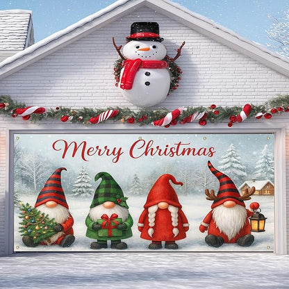 IVN Christmas Garage Door Cover Decoration 13x6ft Gnomes Snow Scene White Background Gift Tree Merry Christmas Garage Door Banner Home Door Front Yard Decor for Xmas Eve Holiday Outdoor