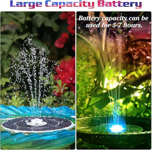 AISITIN 6.5W Solar Fountain for Bird Bath with 3000mAh Battery & Color Changing LED Light, 3 Anti-Drift Fixed Bracket & 8 Nozzles, Solar Water Fountain for Bird Bath, Garden, Pond, Patio, Courtyard