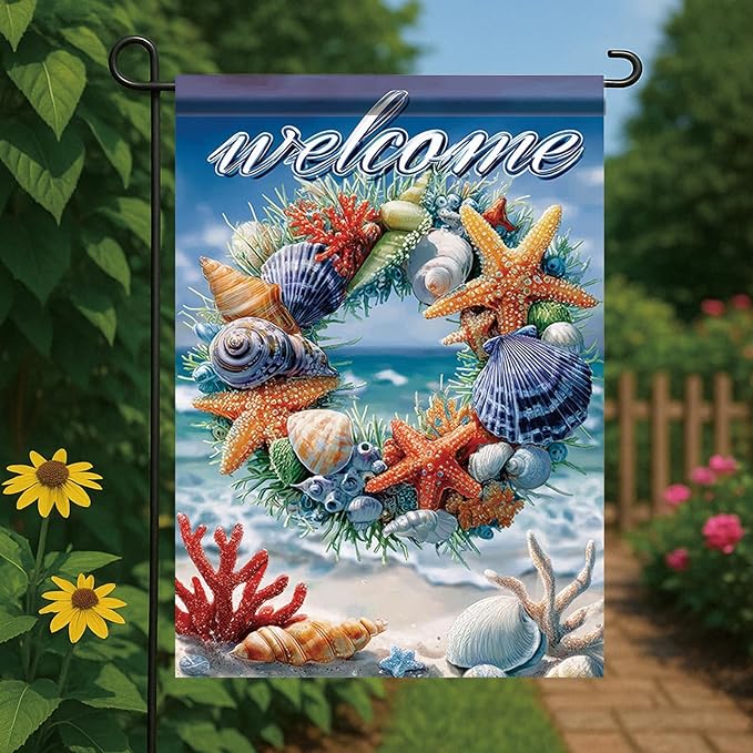Spring Summer Garden Flag 12x18 Inch Coastal Welcome Seashell Starfish Coral Wreath Ocean Beach Design Outdoor Yard Porch Lawn for Seasonal Nautical Home Decor