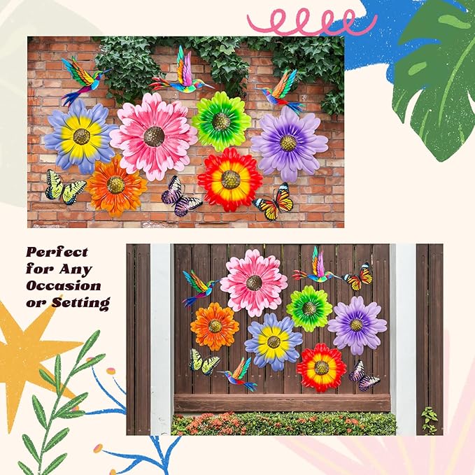 Colingmill 12 Pack Metal Flowers Butterfly Hummingbird Wall Art Decor 3D Metal Outdoor Wall Hanging Sculptures Decoration for Outdoor Garden Fence Yard Patio Indoor Living Room Balcony (Pink)
