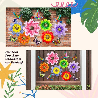 Colingmill 12 Pack Metal Flowers Butterfly Hummingbird Wall Art Decor 3D Metal Outdoor Wall Hanging Sculptures Decoration for Outdoor Garden Fence Yard Patio Indoor Living Room Balcony (Pink)