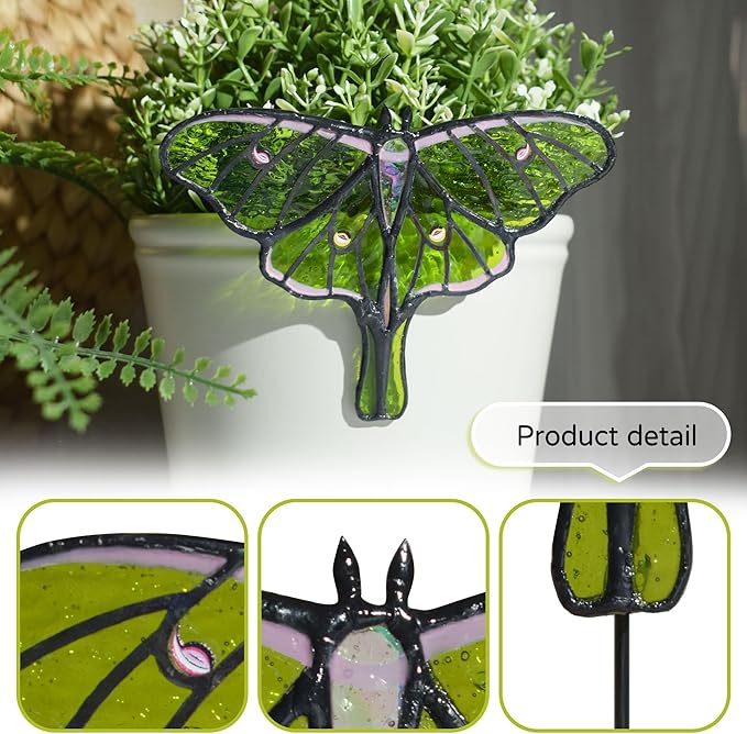 Lolitarcrafts Stained Glass Butterfly Suncatcher-Monarch or Luna Moth Design for Indoor and Outdoor Plant Decoration,Colorful Glass Plant Pot Ornament, Plant Lovers Gifts (Green Luna Moth)