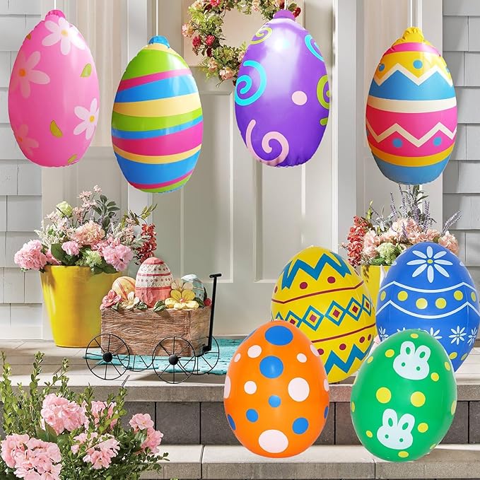 Inflatable Easter Eggs Blow Ups Decorations Outdoor Set of 8 PVC Colorful Giant Eggs Easter Inflatables Outdoor Yard Decorations Hanging Ornaments for Party Garden Lawn Decor