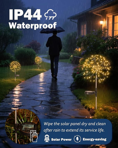 Solar Garden Lights Outdoor Yard Decorations, 4 Pack 150Leds Pathway Light, Fairy Firework Stake Lights for Garden, Patio, Pathway, Flowerbed Gold Color