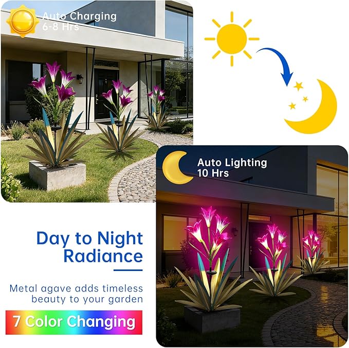 Homight Solar Metal Agave Lily Flower Garden Sculpture with LED Lights 30.3 Inch Waterproof Outdoor/Indoor Yard Decor Handmade Lawn Ornament Gift for Family Friends (2, Blue)