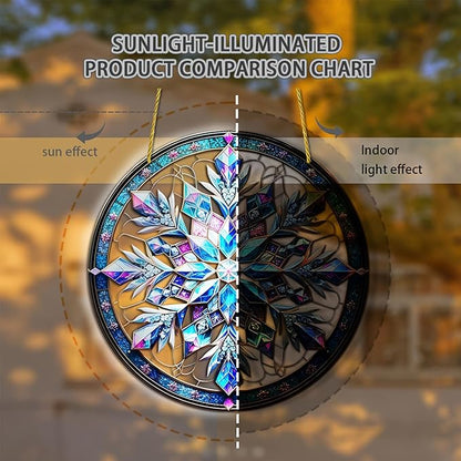 Banax Snowflake Hanging Stained Glass for Windows,23cm/9 inch Hand-Painted Sun Catcher Garden Hangings Christmas Mother's Day, Valentine's Day Ornaments Festival Gift