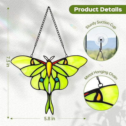 Luna Moth Sun Catcher Stained Glass Window Hanging for Mother's Day, IDEA SHOW 7.3Inch Handmade Real Glass Suncatcher Ornaments, Elegant Green Butterfly Memorial Gifts for Women, Mom, Grandma