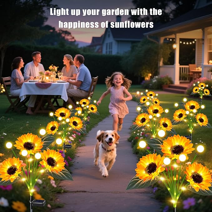 Solar Sunflower Lights Outdoor 4 Pack Solar Flowers Waterproof Outdoor with Firefly Lights,Solar Sunflowers Memorial Garden Decor for Yard Patio Porch Lawn,Birthday Gifts for Mom Women Grandma