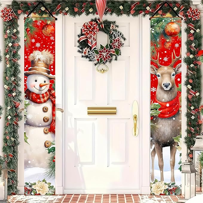 BlissYard Red Christmas Snowman and Reindeer Banners for Front Door Merry Christmas Door Banner Holiday Welcome Home Christma Decorations Xmas Porch Signs Winter Holiday Decor Elegant Porch Party Supplies 12x71 Inch