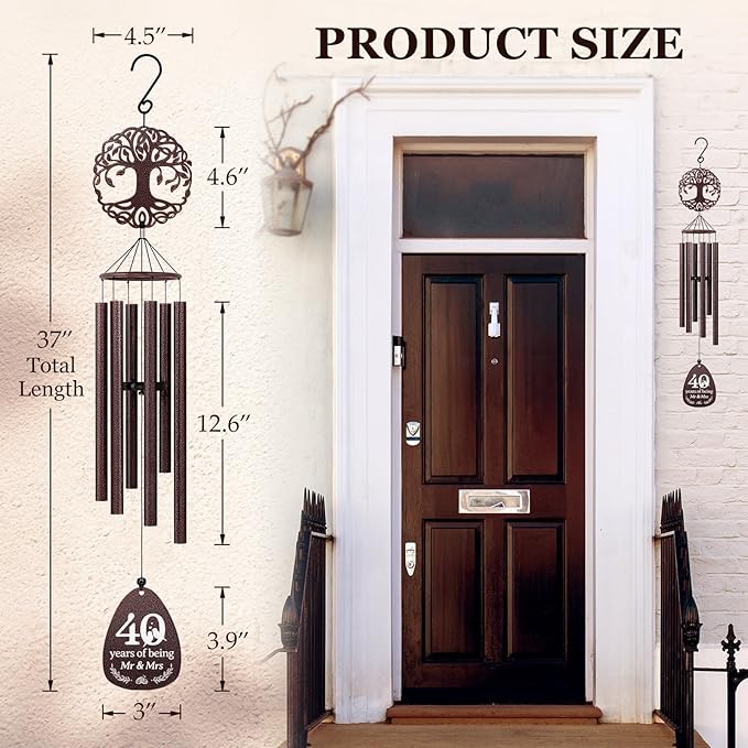 SteadStyle 40th Anniversary Wind Chime, Happy 40th Jubilee Gifts for Parents, Husband, Wife, Couples, Friends - Ruby Anniversary Keepsake Tree of Life Wind Chime Large Size 37 in Garden Patios Decor