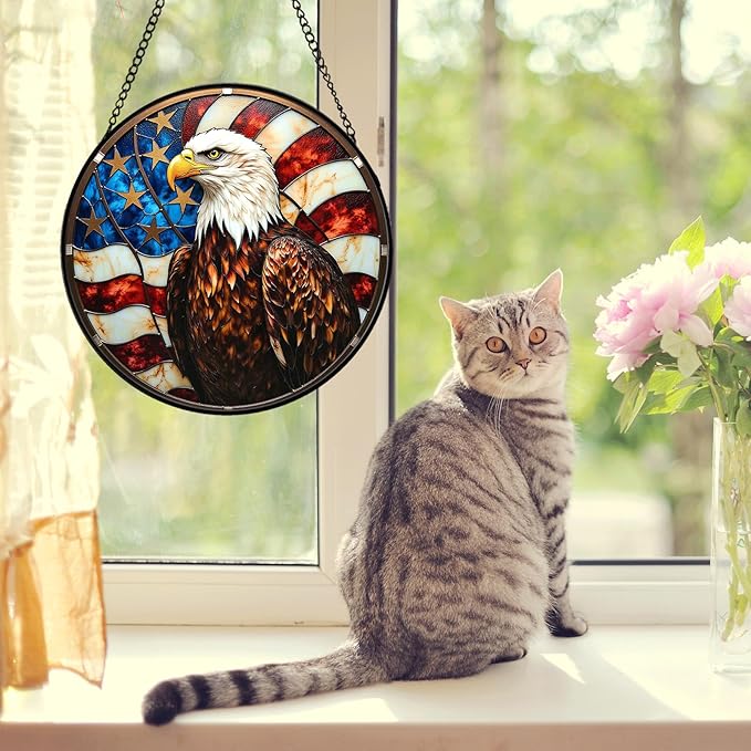 Eagle Stained Glass Suncather for Window Hanging, 6.3'' American Bald Eagle Ornament Gift for Men, Patriotic Wall Art Home Decor Gift for Father's Day Independence Day (Brown, 6.3'')