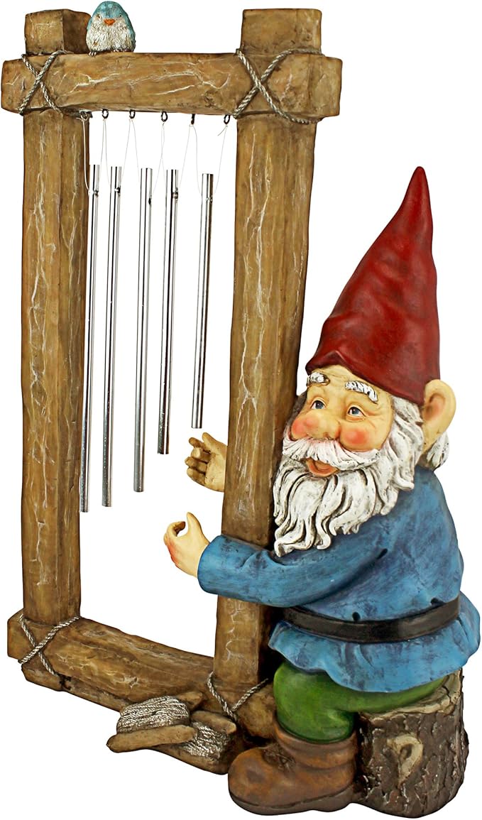 Design Toscano HF5152401 Garden Gnome Statue - Ringing His Chimes Garden Gnome - Lawn Gnome,full color