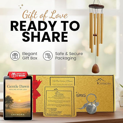 Memorial Wind Chimes for Outside Clearence - Teardrop Pendant, Deep Toned Aluminum Tubes & Pine Wood, Sympathy Gift for Loss, Letter from Heaven & Keepsake Keychain, Garden Porch Decor - Gold
