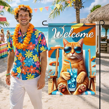 HOMETITUTE Hello Summer Beach Orange Cat Garden Flag 12×18 Inch Double Sided Summer Coastal Seasonal Tropical Pool Yard Flag Summer Cat Garden Flags Tropical Ocean Sea Outside Outdoor House Decoration