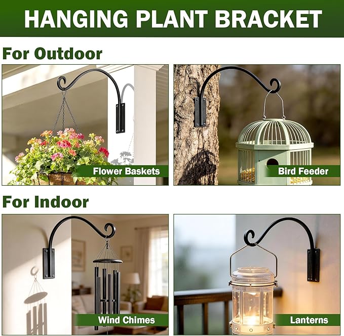 Heavy Duty 16 Inch Plant Hangers Bracket Outdoor, 60lbs Weight Capacity-2 Pack Metal Wall Hooks for Hanging Plants, Bird Feeder, Wind Chime, Wall Decor, Plant Hanger Hooks for Hanging Flower Baskets