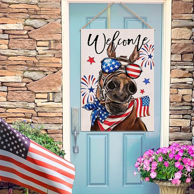 Welcome 4th of July Donkey Patriotic Decorative Flag, America Stars Stripes Firework Garden Yard Outside Decorations, American USA Outdoor Large Home Decor Double Sided 28 x 40