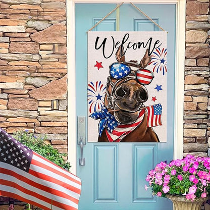 Welcome 4th of July Donkey Patriotic Decorative Flag, America Stars Stripes Firework Garden Yard Outside Decorations, American USA Outdoor Large Home Decor Double Sided 28 x 40