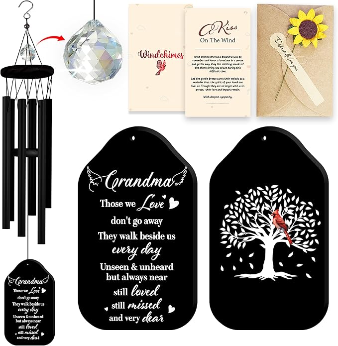 Crystal Sympathy Wind Chimes Loss of Grandma Black Memorial Remembrance Keepsake Grammy Gigi Nanny in Memory Condolence Gift for Family Fiends Funeral Garden Window Outdoor Hanging HW12-RB-GM