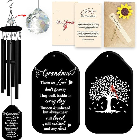 Crystal Sympathy Wind Chimes Loss of Grandma Black Memorial Remembrance Keepsake Grammy Gigi Nanny in Memory Condolence Gift for Family Fiends Funeral Garden Window Outdoor Hanging HW12-RB-GM