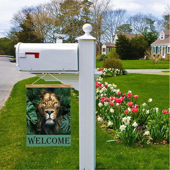Mugod Lion Garden Flag 12.5x18" Double Sided for Outside, Jungle Animal Tropical Leaves Burlap Small Seasonal Yard Flag for Outdoor Decor