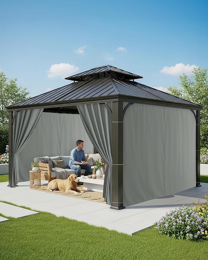 Gazebo Curtains Outdoor Waterproof - 10'Wx10'Lx7'H Weatherproof Patio Pergola Outside Curtains, Gazebo Universal Replacement Privacy Curtains, 4 Panels Sidewall Drapes with Zipper, Grey