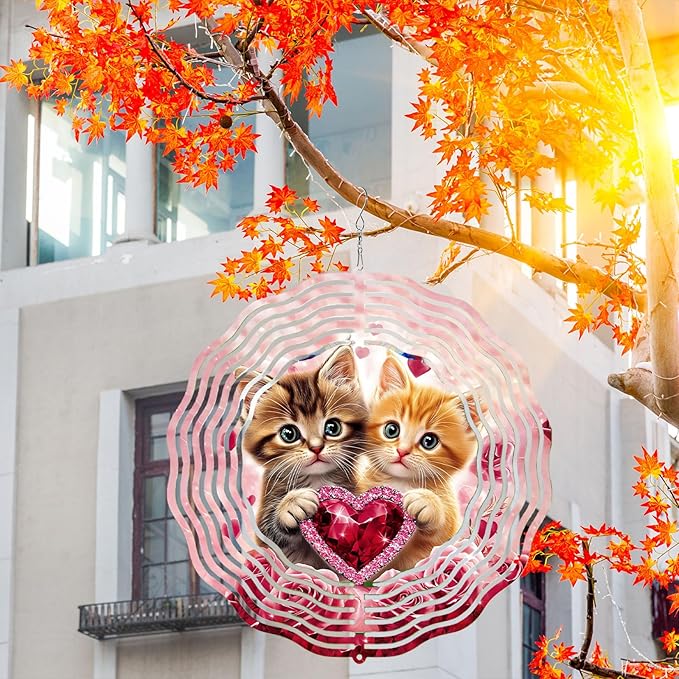 10 Inch Cat Wind Spinner, 3D Stainless Steel Hanging Kinetic Wind Sculpture Gifts for Garden Yard Art Indoor Outdoor Window Porch Front Door Decor, Women, Spring Decorations